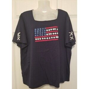 Alfred Dunner Top Flower & Bead Flag Design Nautical Sleeve Accent Navy Size XL